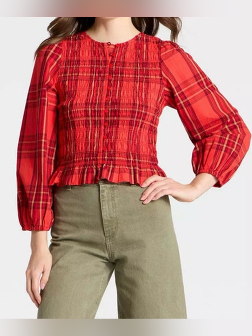 Universal Thread Women's Red Plaid Blouse (NWT) – Elastic Balloon Sleeves Size S